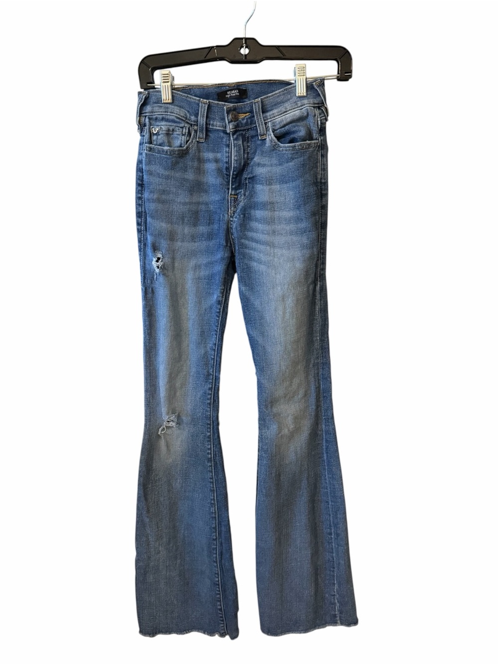 True Religion Reagan High Rise Flare Jeans Distressed Raw Hem 26